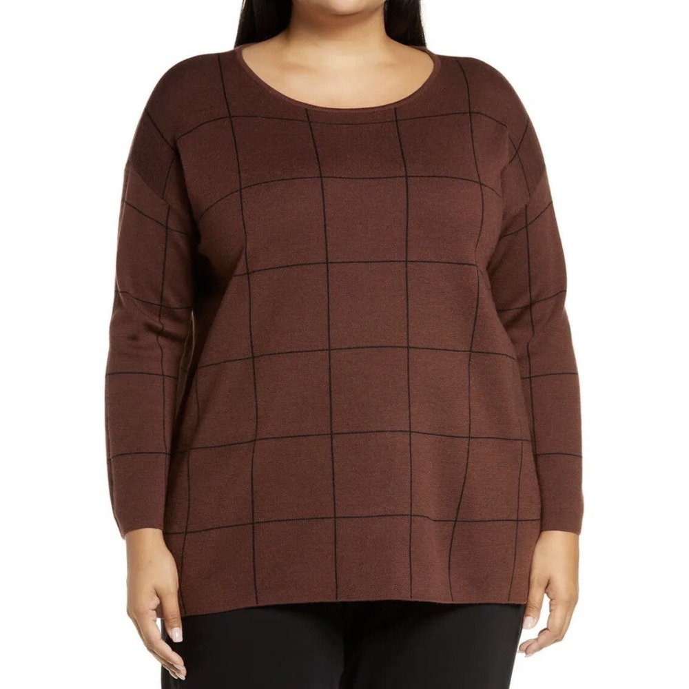 Eileen Fisher Windowpane Tunic Sweater Womens XL Brown Merino Wool Plaid Boxy